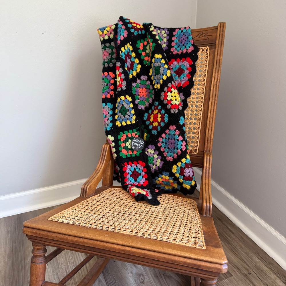 Vintage Handmade Crochet Granny Square Afghan Blanket Multi Color Black 58x39